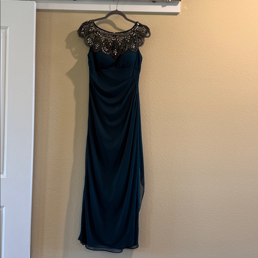 Xscape Teal Maxi Dress with Beaded Neckline